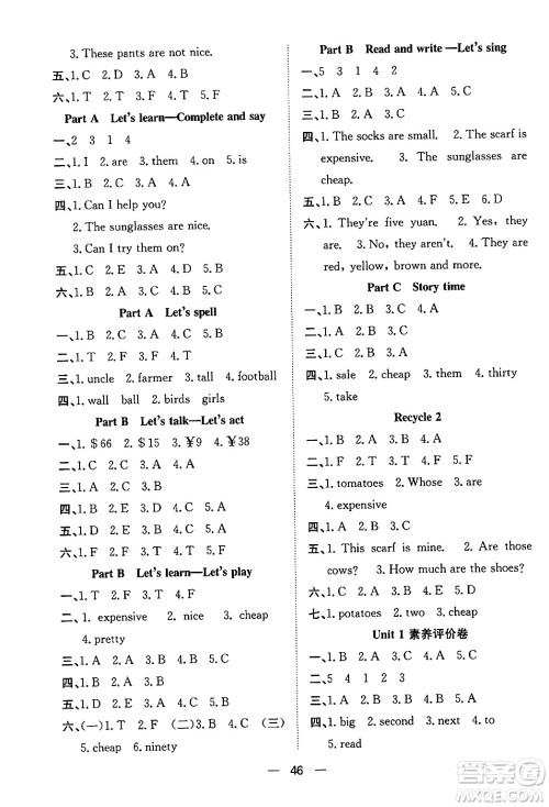 合肥工业大学出版社2024年春快乐学习小学英语随堂练四年级英语下册人教PEP版答案