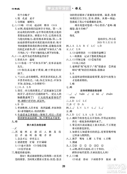 崇文书局2024年春学业水平评价核心素养提升专练六年级语文下册通用版答案