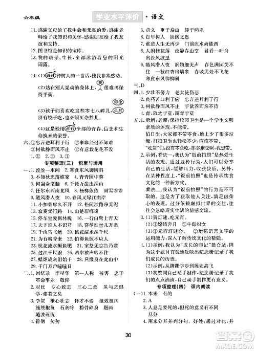 崇文书局2024年春学业水平评价核心素养提升专练六年级语文下册通用版答案