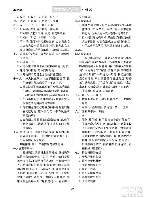 崇文书局2024年春学业水平评价核心素养提升专练五年级语文下册通用版答案