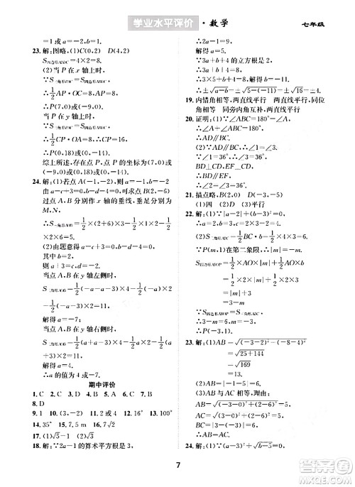 崇文书局2024年春学业水平评价核心素养提升专练七年级数学下册人教版答案