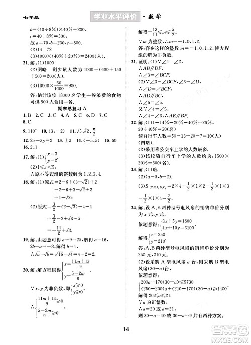 崇文书局2024年春学业水平评价核心素养提升专练七年级数学下册人教版答案