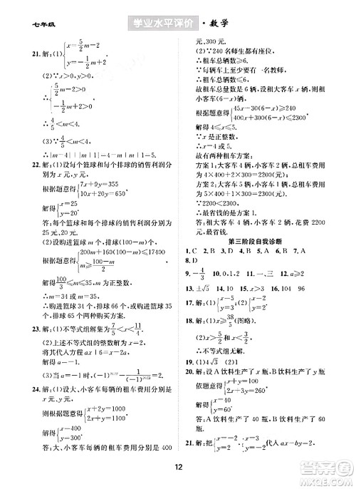 崇文书局2024年春学业水平评价核心素养提升专练七年级数学下册人教版答案