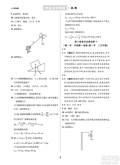 崇文书局2024年春学业水平评价核心素养提升专练八年级物理下册人教版答案