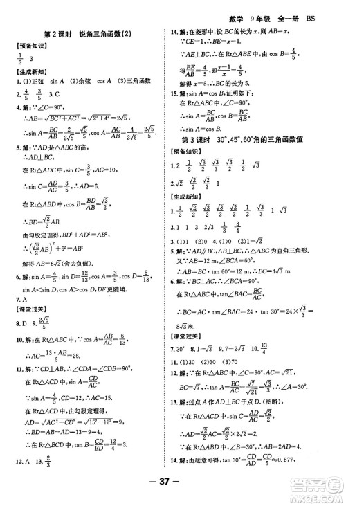 延边大学出版社2024年春全程突破初中同步导学案九年级数学下册人教版答案