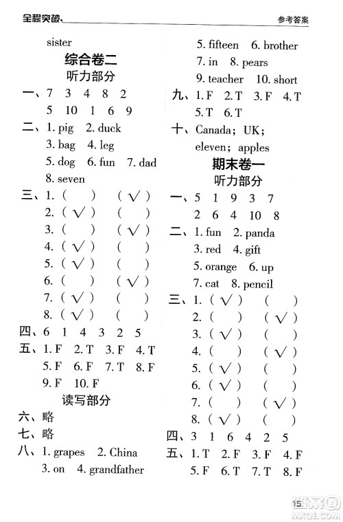 北方妇女儿童出版社2024年春全程突破三年级英语下册人教版答案