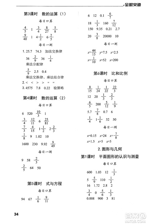 北方妇女儿童出版社2024年春全程突破六年级数学下册人教版答案