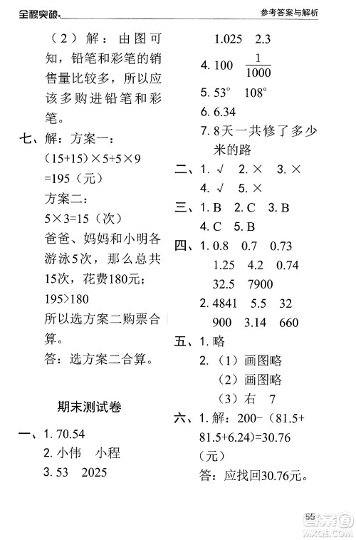 北方妇女儿童出版社2024年春全程突破四年级数学下册人教版答案