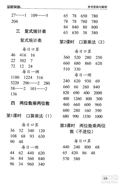 北方妇女儿童出版社2024年春全程突破三年级数学下册人教版答案