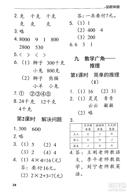 北方妇女儿童出版社2024年春全程突破二年级数学下册人教版答案