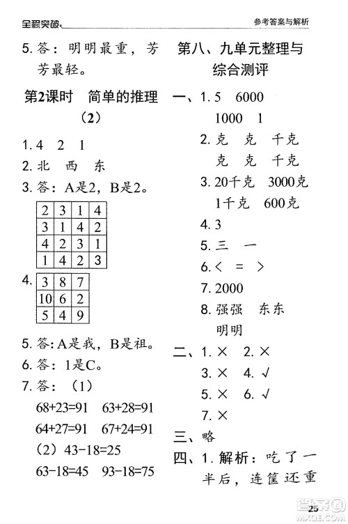 北方妇女儿童出版社2024年春全程突破二年级数学下册人教版答案