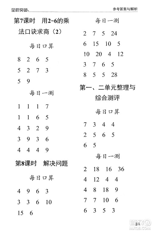 北方妇女儿童出版社2024年春全程突破二年级数学下册人教版答案