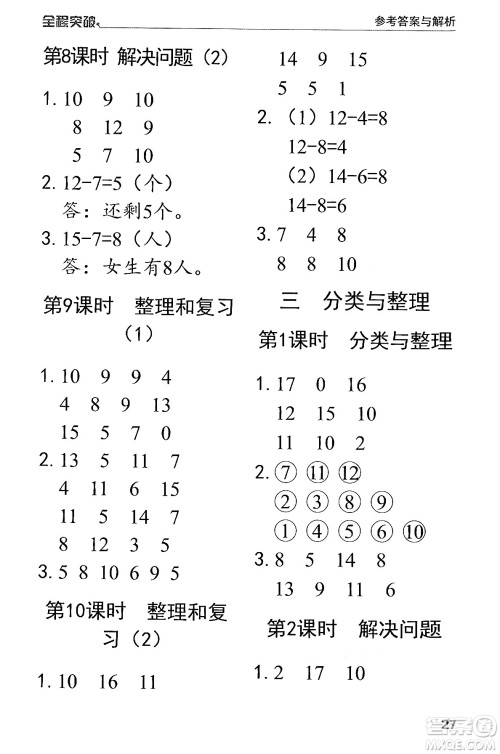 北方妇女儿童出版社2024年春全程突破一年级数学下册人教版答案