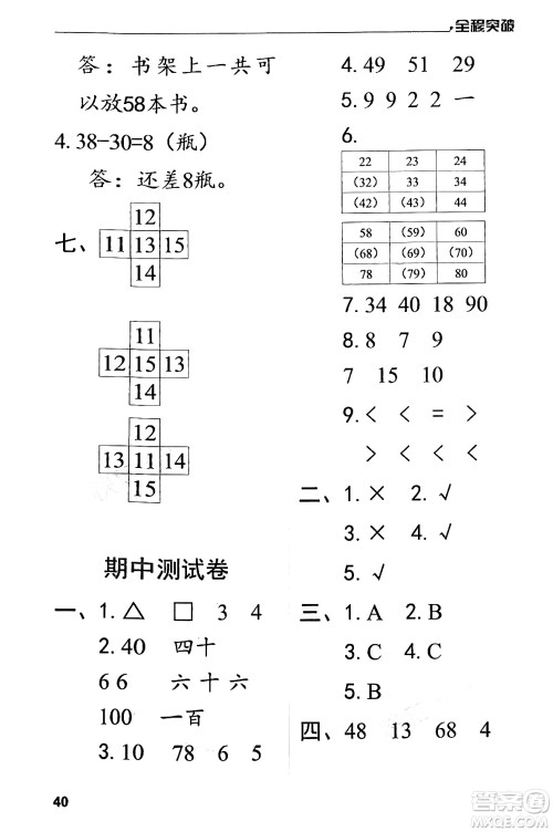 北方妇女儿童出版社2024年春全程突破一年级数学下册人教版答案