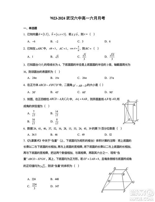 湖北武汉六中2024年高一下学期6月月考数学试卷答案