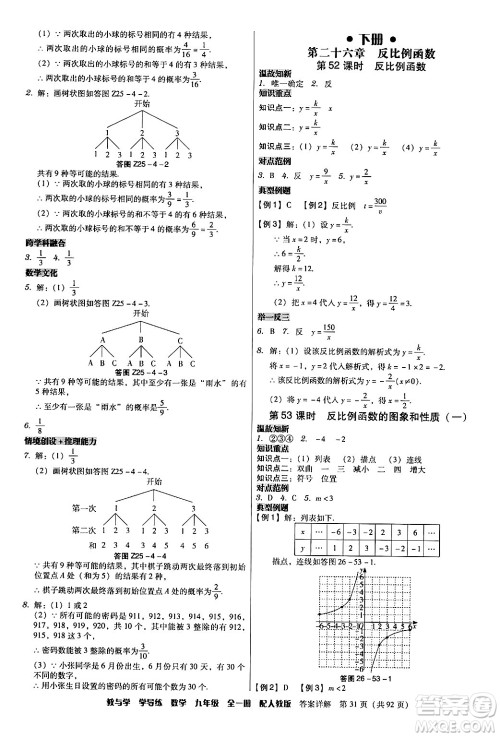 安徽人民出版社2024年春教与学学导练九年级数学下册人教版答案