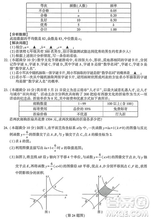 2024连云港中考数学真题答案 2024连云港中考数学真题答案