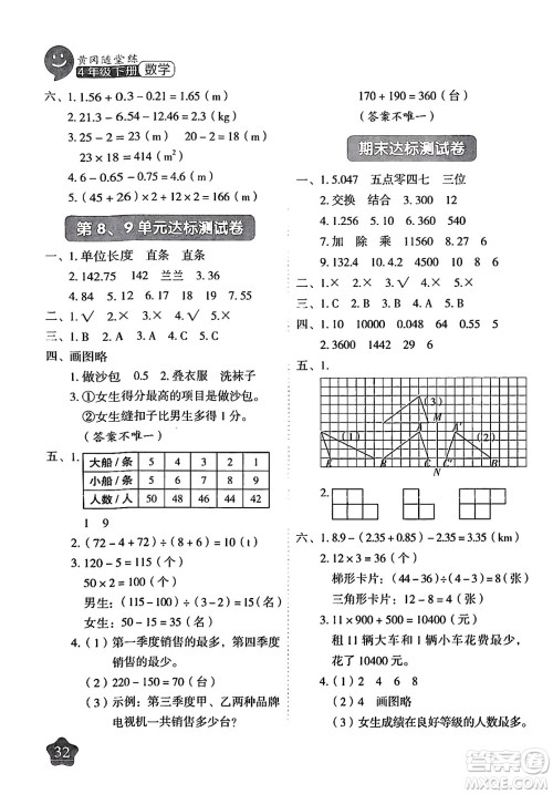 西安出版社2024年春黄冈随堂练四年级数学下册人教版答案