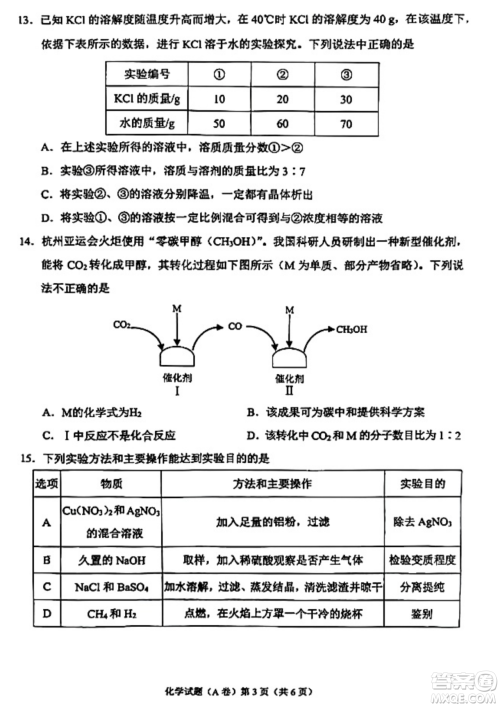 2024重庆中考化学A卷真题答案 2024重庆中考化学A卷真题答案
