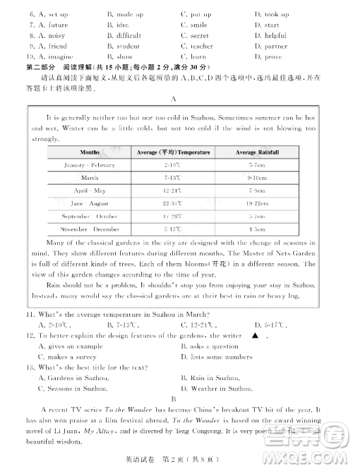 2024苏州中考英语真题答案 2024苏州中考英语真题答案