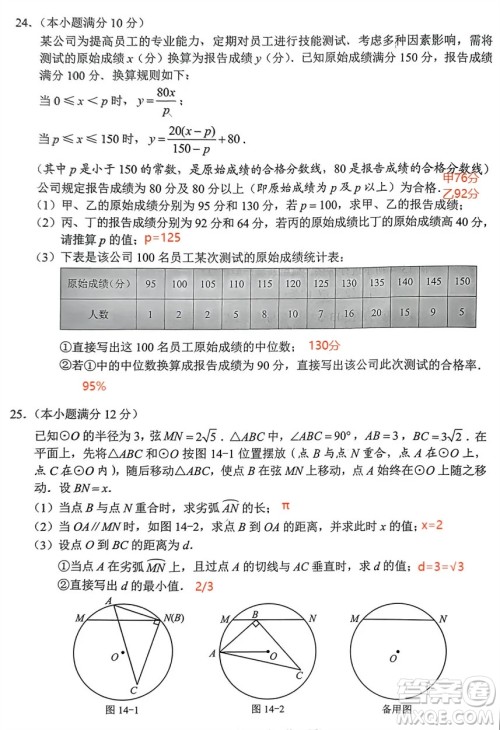 2024河北中考数学真题答案