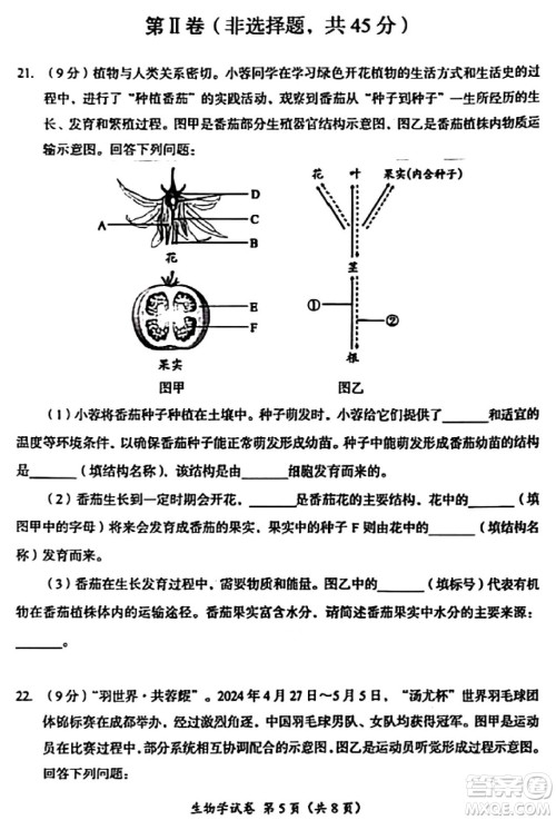 2024成都中考生物真题答案
