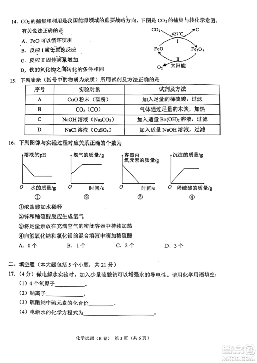 2024重庆中考化学B卷真题答案