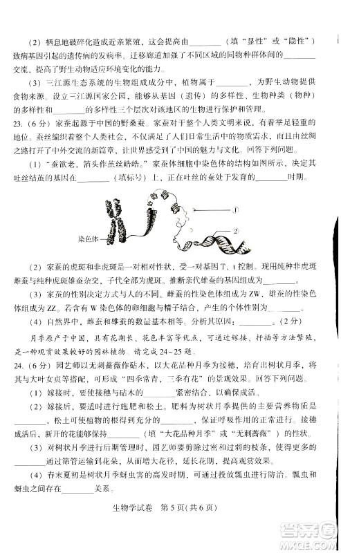 2024河南中考生物真题答案