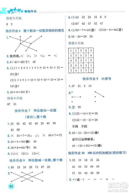 龙门书局2024年春黄冈小状元暑假作业1升2衔接一年级数学通用版答案