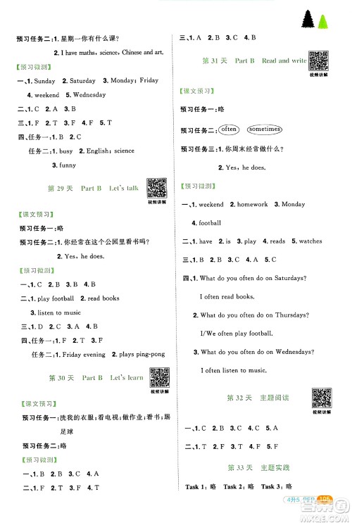 江苏教育出版社2024年春阳光同学暑假衔接4升5年级英语全一册人教PEP版答案