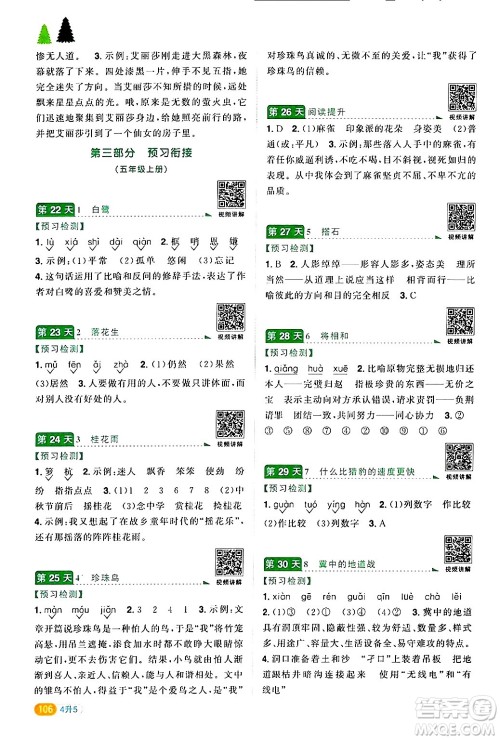 江苏教育出版社2024年春阳光同学暑假衔接4升5年级语文全一册青岛版答案