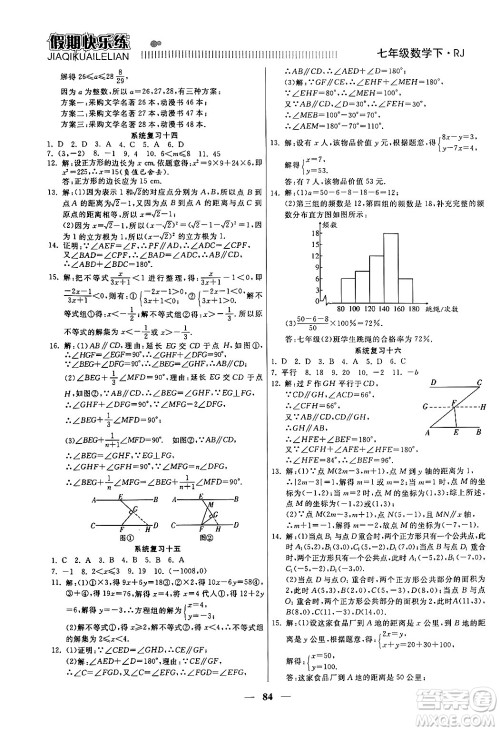 天津科学技术出版社2024年春金优教辅假期快乐练七年级数学人教版答案