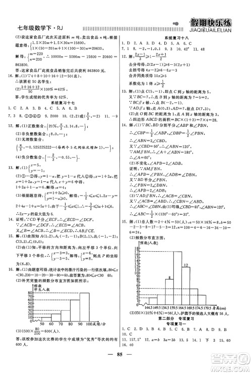 天津科学技术出版社2024年春金优教辅假期快乐练七年级数学人教版答案