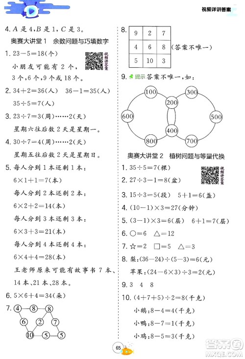 江苏人民出版社2024年春实验班提优训练暑假衔接二升三年级数学人教版答案