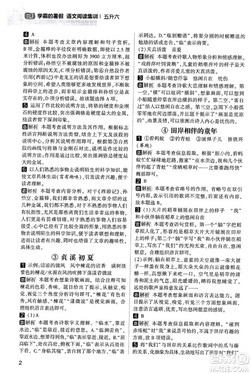 宁夏人民教育出版社2024年春经纶学霸学霸的暑假语文阅读集训五升六年级语文人教版答案