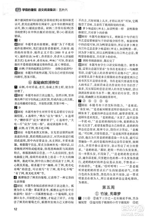 宁夏人民教育出版社2024年春经纶学霸学霸的暑假语文阅读集训五升六年级语文人教版答案