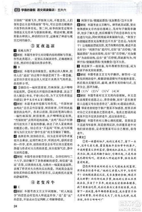宁夏人民教育出版社2024年春经纶学霸学霸的暑假语文阅读集训五升六年级语文人教版答案