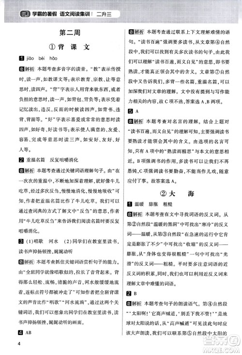 宁夏人民教育出版社2024年春经纶学霸学霸的暑假语文阅读集训二升三年级语文人教版答案