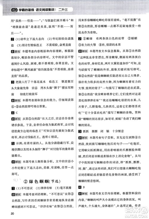 宁夏人民教育出版社2024年春经纶学霸学霸的暑假语文阅读集训二升三年级语文人教版答案