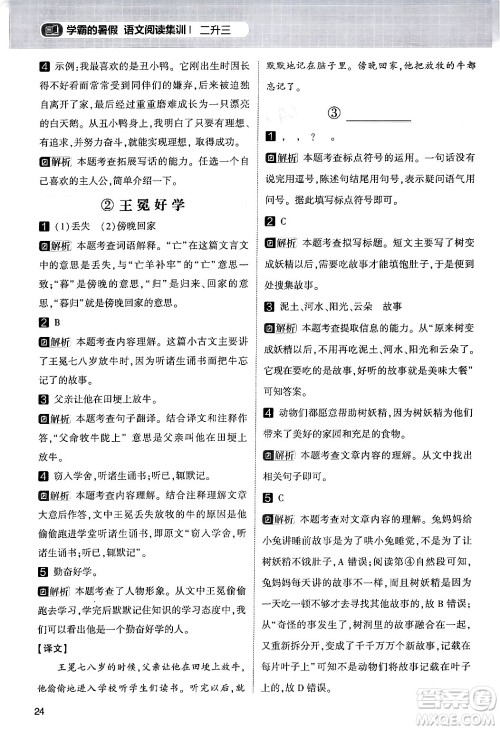 宁夏人民教育出版社2024年春经纶学霸学霸的暑假语文阅读集训二升三年级语文人教版答案