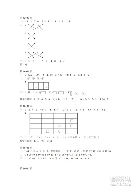 江苏凤凰教育出版社2024年春快乐暑假小学数学一年级数学苏教版答案