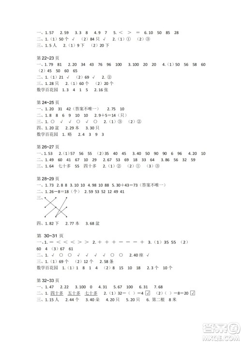 江苏凤凰教育出版社2024年春快乐暑假小学数学一年级数学苏教版答案