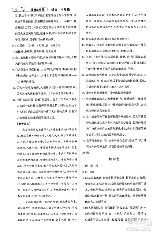 宁夏人民教育出版社2024年经纶学典暑假总动员八年级语文通用版答案