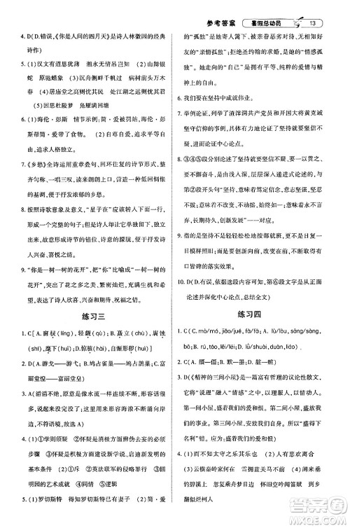 宁夏人民教育出版社2024年经纶学典暑假总动员八年级语文通用版答案