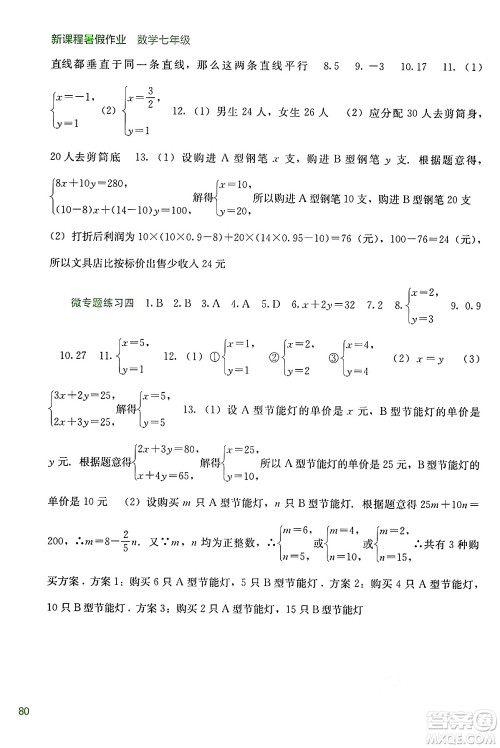 广西教育出版社2024年新课程暑假作业七年级数学通用版答案