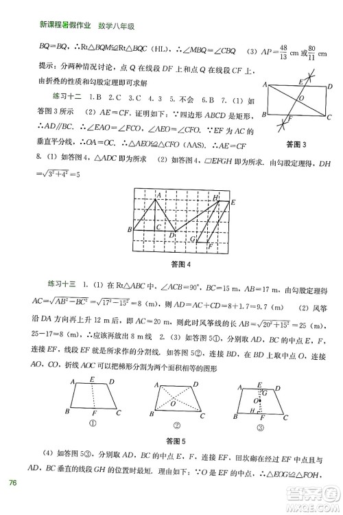 广西教育出版社2024年新课程暑假作业八年级数学通用版答案