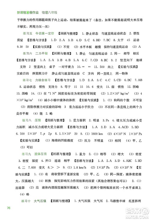 广西教育出版社2024年新课程暑假作业八年级物理通用版答案