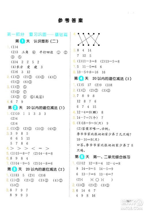 湖南教育出版社2024年一本暑假衔接1升2年级数学人教版福建专版答案