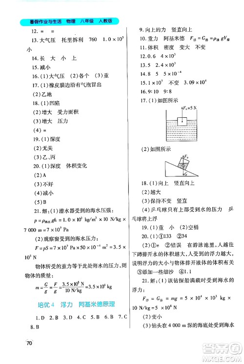 陕西师范大学出版总社有限公司2024年暑假作业与生活八年级物理人教版答案