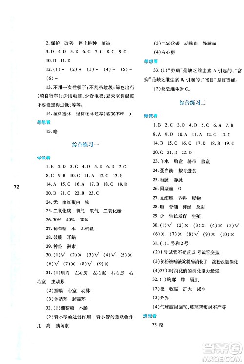 陕西人民教育出版社2024年暑假作业与生活七年级生物人教版答案